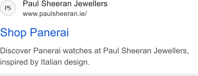 Acuity Scheduling ad on Google Ads: shop Panerai Discover Panerai watches at Paul Sheeran Jewellers, inspired by Italian design.