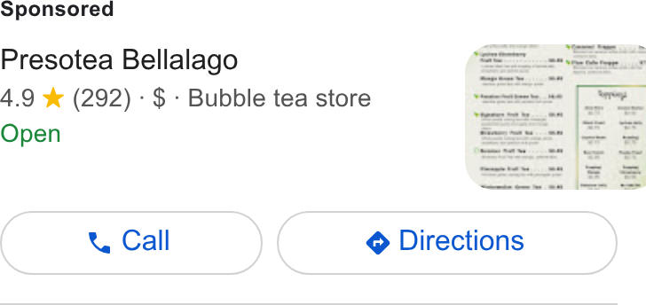 Snackpass ad on Google Ads: Presotea Bellalago 4.9 *% (292) - $ - Bubble tea store Open