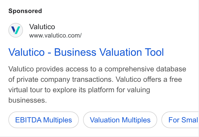 Valutico ad on Google Ads: Valutico - Business Valuation Tool Valutico provides access to a comprehensive database of private company transactions. Valutico offers a free virtual tour to explore its platform for valuing businesses. EBITDA Multiples Valuation Multiples For Smal