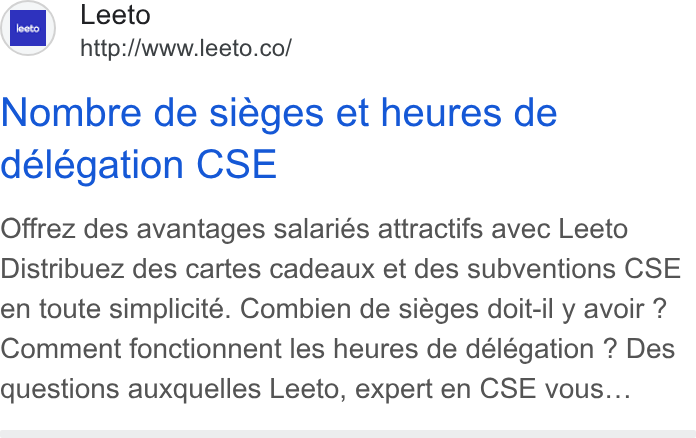 Leeto ad on Google Ads: Nombre de sieges et heures de délegation CSE Offrez des avantages salariés attractifs avec Leeto Distribuez des cartes cadeaux et des subventions CSE en toute simplicité. Combien de siéges doit-il y avoir ? Comment fonctionnent les heures de délégation ? Des questions auxquelles Leeto, expert en CSE vous...