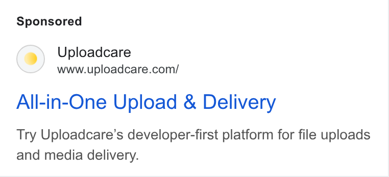 Uploadcare ad on Google Ads: All-in-One Upload & Delivery Try Uploadcare’s developer-first platform for file uploads and media delivery.