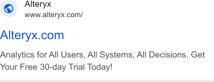 Alteryx ad on Google Ads: Alteryx.com Analytics for All Users, All Systems, All Decisions. Get Your Free 30-day Trial Today!