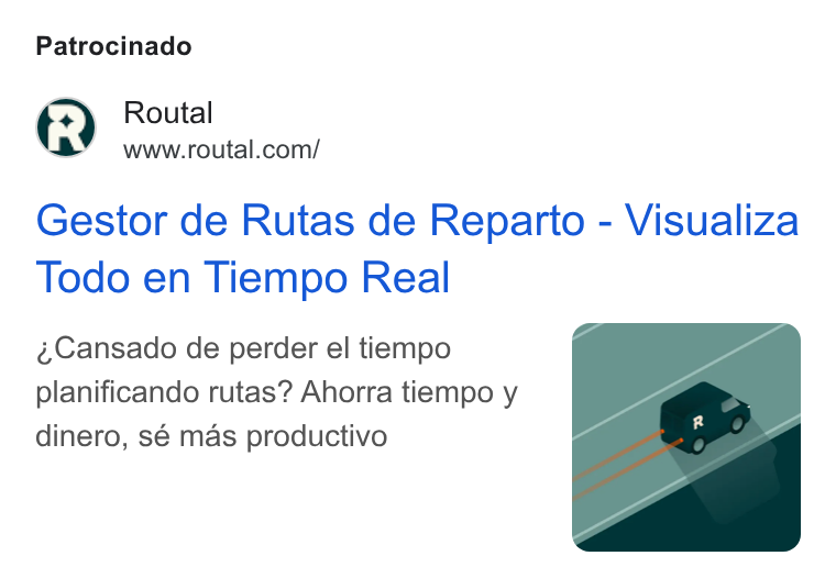 Routal ad on Google Ads: Patrocinado Gestor de Rutas de Reparto - Visualiza Todo en Tiempo Real Cansado de perder el tiempo planificando rutas? Ahorra tiempo y dinero, sé mas productivo