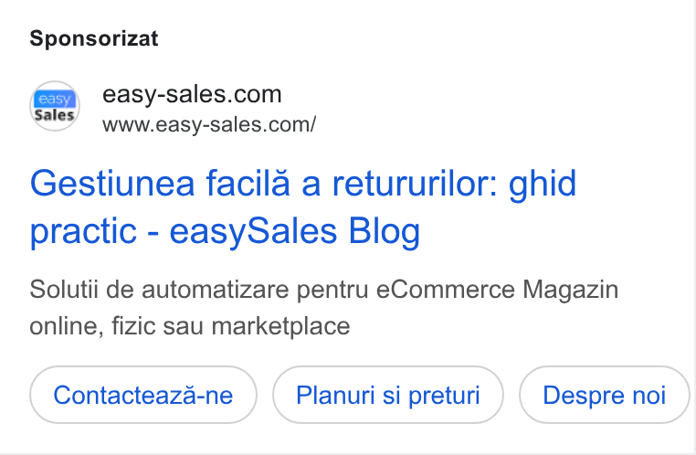easySales Global ad on Google Ads: www.easy-sales.com/ Gestiunea facila a retururilor: ghid practic - easy Sales Blog Solutii de automatizare pentru e Commerce Magazin online, fizic sau marketplace Contacteaza-ne Planuri si preturi Despre noi