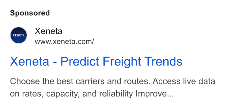 Xeneta ad on Google Ads: Xeneta - Predict Freight Trends Choose the best carriers and routes. Access live data on rates, capacity, and reliability Improve...