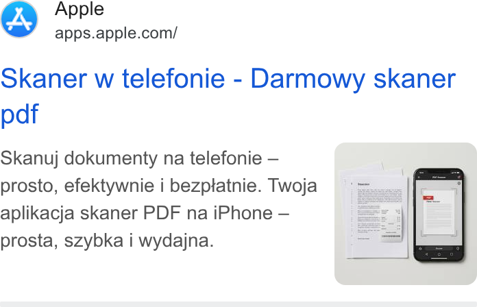 Apple ad on Google Ads: okaner w telefonie - Darmowy skaner pdf Skanuj dokumenty na telefonie — prosto, efektywnie i bezptatnie. Twoja aplikacja skaner PDF na i Phone — prosta, szybka i wydajna.