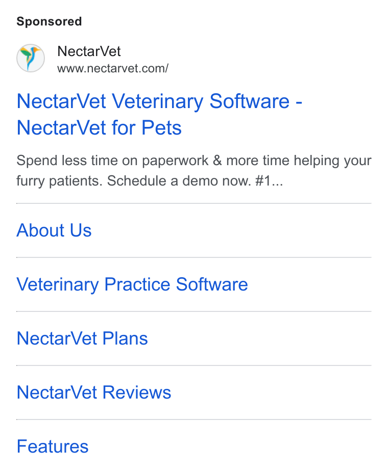NectarVet ad on Google Ads: Nectar Vet Veterinary Software - Nectar Vet for Pets Spend less time on paperwork & more time helping your furry patients. Schedule a demo now. #1... About Us Veterinary Practice Software Nectar Vet Plans Nectar Vet Reviews Features