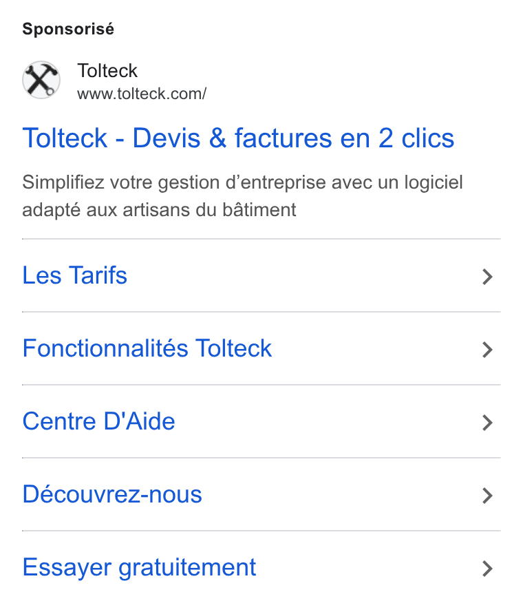 Tolteck ad on Google Ads: Sponsorisé Tolteck - Devis & factures en 2 clics Simplifiez votre gestion d’entreprise avec un logiciel adapté aux artisans du batiment Les Tarifs Fonctionnalités Tolteck Centre D'Aide Découvrez-nous Essayer gratuitement