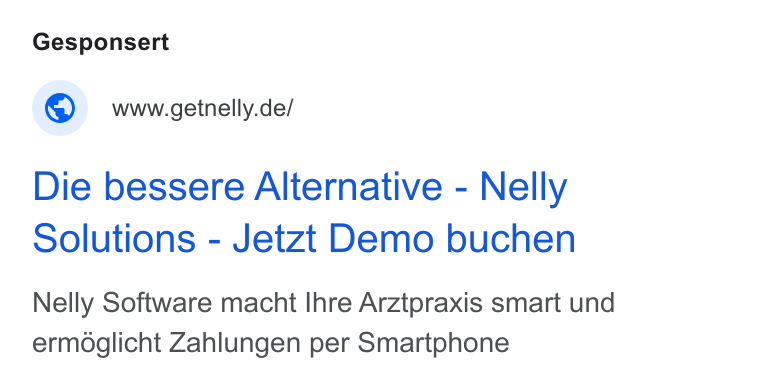 Nelly Solutions ad on Google Ads: Die bessere Alternative - Nelly Solutions - Jetzt Demo buchen Nelly Software macht Ihre Arztpraxis smart und ermoglicht Zahlungen per Smartphone