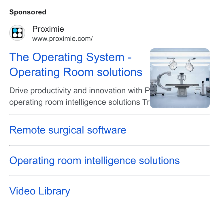 Proximie ad on Google Ads: The Operating System - Operating Room solutions Drive productivity and innovation with PI operating room intelligence solutions Tri Remote surgical software Operating room intelligence solutions Video Library