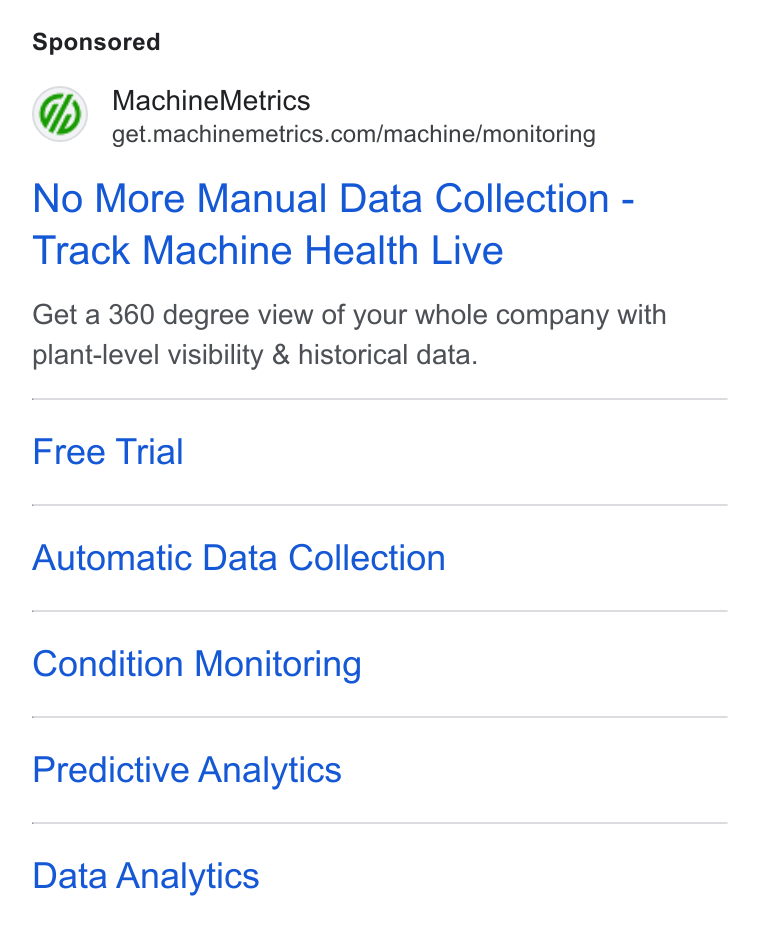 MachineMetrics ad on Google Ads: No More Manual Data Collection - Track Machine Health Live Get a 360 degree view of your whole company with plant-level visibility & historical data. Free Trial Automatic Data Collection Condition Monitoring Predictive Analytics Data Analytics