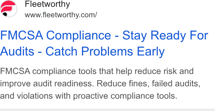 Bestpass ad on Google Ads: FMCSA Compliance - Stay Ready For Audits - Catch Problems Early FMCSA compliance tools that help reduce risk and improve audit readiness. Reduce fines, failed audits, and violations with proactive compliance tools.