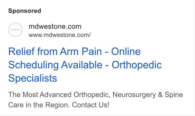 Luma Health ad on Google Ads: www.mdwestone.com/ Relief from Arm Pain - Online Scheduling Available - Orthopedic Specialists The Most Advanced Orthopedic, Neurosurgery & Spine Care in the Region. Contact Us!