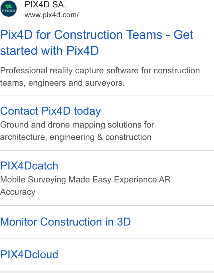 Pix4D ad on Google Ads: Pix4D for Construction Teams - Get started with Pix4D Professional reality capture software for construction teams, engineers and surveyors. Contact Pix4D today Ground and drone mapping solutions for architecture, engineering & construction PIX4Dcatch Mobile Surveying Made Easy Experience AR Accuracy Monitor Construction in 3D PIX4Dcloud