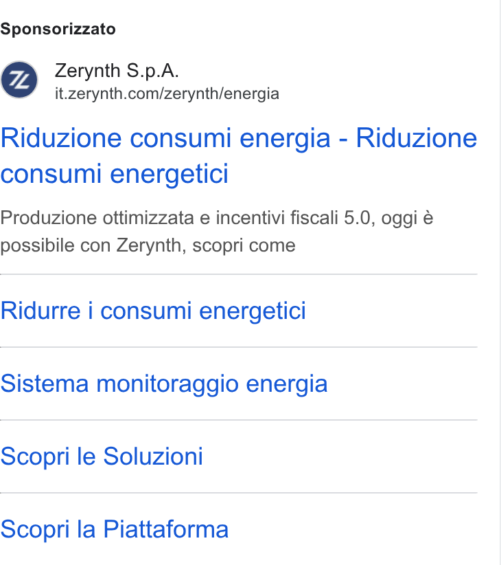 Zerynth ad on Google Ads: Sponsorizzato Riduzione consumi energia - Riduzione consumi energetici Produzione ottimizzata e incentivi fiscali 5.0, oggi é possibile con Zerynth, scopri come Ridurre i consumi energetici Sistema monitoraggio energia Scopri le Soluzioni Scopri la Piattaforma