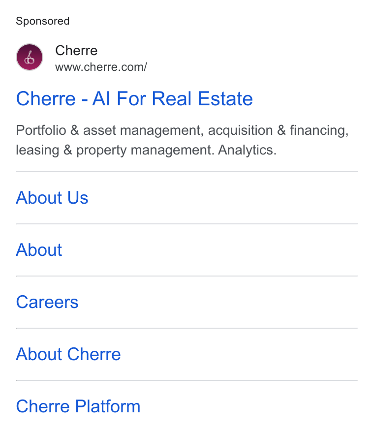 Cherre ad on Google Ads: Cherre - Al For Real Estate Portfolio & asset management, acquisition & financing, leasing & property management. Analytics. About Us About Careers About Cherre Cherre Platform