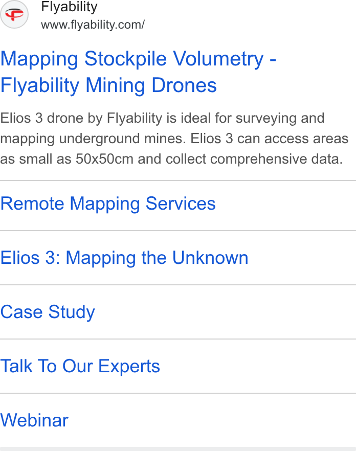 Flyability ad on Google Ads: Mapping Stockpile Volumetry - Flyability Mining Drones Elios 3 drone by Flyability is ideal for surveying and mapping underground mines. Elios 3 can access areas as small as 50x50cm and collect comprehensive data. Remote Mapping Services Elios 3: Mapping the Unknown Case Study Talk To Our Experts Webinar