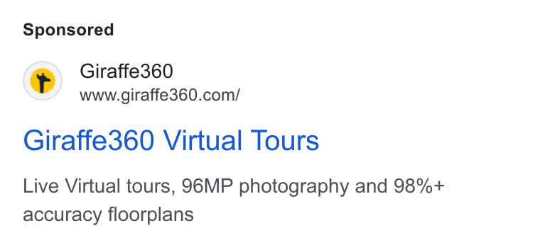 Giraffe360 ad on Google Ads: Giraffe360 Virtual Tours Live Virtual tours, 96MP photography and 98%+ accuracy floorplans