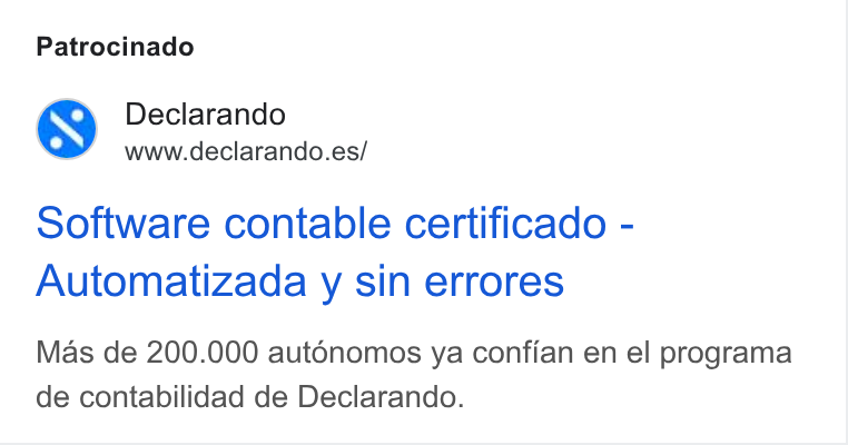 Declarando ad on Google Ads: Patrocinado Software contable certificado - Automatizada y sin errores Mas de 200.000 aut6nomos ya confian en el programa de contabilidad de Declarando.
