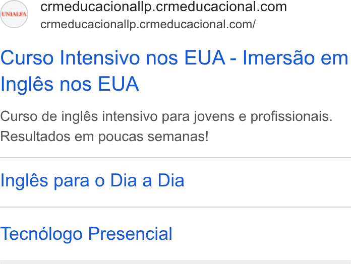 CRM Educacional ad on Google Ads: crmeducacionallp.crmeducacional.com/ Curso Intensivo nos EVA - Imersao em Inglés nos EVA Curso de inglés intensivo para jovens e profissionais. Resultados em poucas semanas! Inglés para o Dia a Dia Tecnologo Presencial