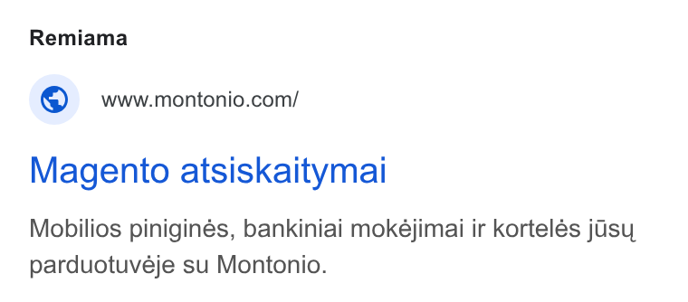Montonio ad on Google Ads: Magento atsiskaitymai Mobilios pinigines, bankiniai mokejimai ir korteles j Gsy, parduotuveje su Montonio.