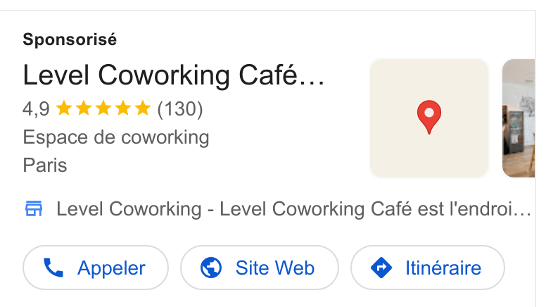 Skedda ad on Google Ads: Sponsorisé Level Coworking Cafe... Espace de coworking Paris f Level Coworking - Level Coworking Café est l'endroi... X Appeler © Site Web