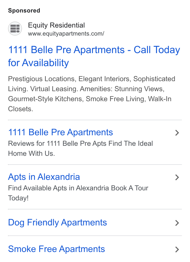 Equity Residential ad on Google Ads: 1111 Belle Pre Apartments - Call Today for Availability Prestigious Locations, Elegant Interiors, Sophisticated Living. Virtual Leasing. Amenities: Stunning Views, Gourmet-Style Kitchens, Smoke Free Living, Walk-In Closets. 1111 Belle Pre Apartments > Reviews for 1111 Belle Pre Apts Find The Ideal Home With Us. Apts in Alexandria > Find Available Apts in Alexandria Book A Tour Today! Dog Friendly Apartments > Smoke Free Apartments >