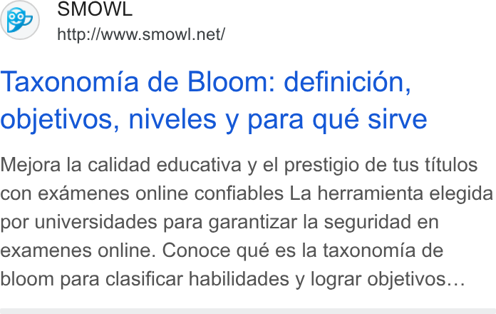 Smowltech ad on Google Ads: Taxonomia de Bloom: definicion, objetivos, niveles y para que sirve Mejora la calidad educativa y el prestigio de tus titulos con examenes online confiables La herramienta elegida por universidades para garantizar la seguridad en examenes online. Conoce qué es la taxonomia de bloom para clasificar habilidades y lograr objetivos...