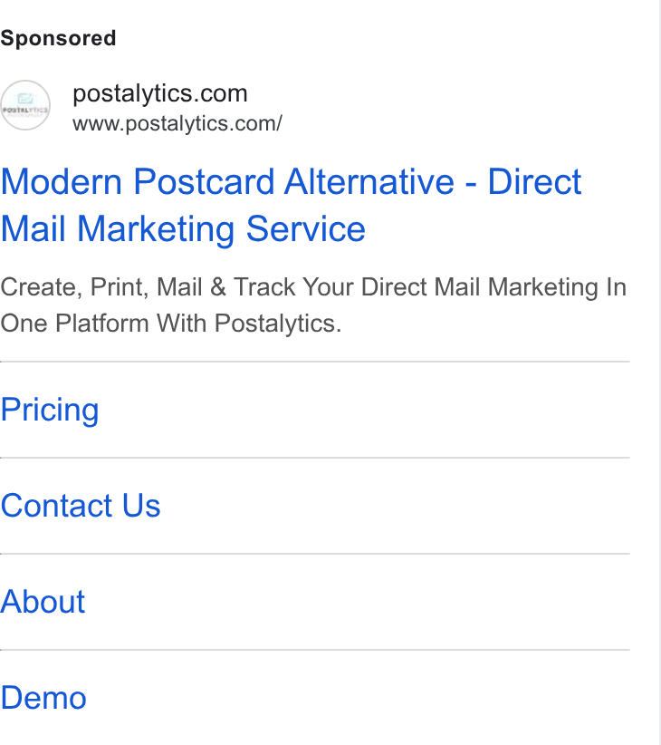 Postalytics ad on Google Ads: www.postalytics.com/ Modern Postcard Alternative - Direct Mail Marketing Service Create, Print, Mail & Track Your Direct Mail Marketing In One Platform With Postalytics. Pricing Contact Us About Demo