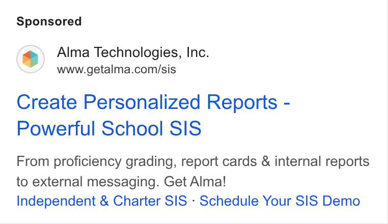 Alma ad on Google Ads: Create Personalized Reports - Powerful School SIS From proficiency grading, report cards & internal reports to external messaging. Get Alma! Independent & Charter SIS - Schedule Your SIS Demo