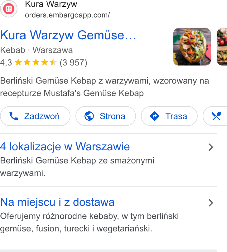 Embargo ad on Google Ads: Kura Warzyw Gemuse... Kebab - Warszawa Berlifiski Gemiise Kebap z warzywami, wzorowany na recepturze Mustafa's Gemiise Kebap Zadzwori ») (© Strona ) ( Trasa_) Ce 4 lokalizacje w Warszawie > Berlifiski Gemise Kebap ze smazonymi warzywami. Na miejscu i z dostawa > Oferujemy réznorodne kebaby, w tym berlinski gemuse, fusion, turecki i wegetarianski.