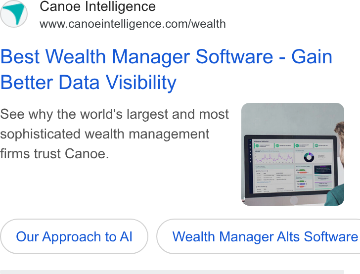 Canoe Intelligence ad on Google Ads: Best Wealth Manager Software - Gain Better Data Visibility See why the world's largest and most sophisticated wealth management firms trust Canoe. ‘eee Our Approach to Al } ( Wealth Manager Alts Software i jea—— je=—