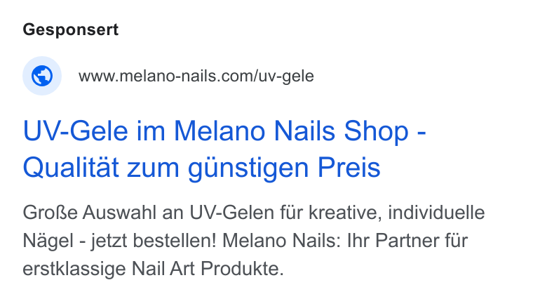 Shopgate ad on Google Ads: UV-Gele im Melano Nails Shop - Qualitat zum g Unstigen Preis Grose Auswahl an UV-Gelen fiir kreative, individuelle Nagel - jetzt bestellen! Melano Nails: Ihr Partner fir erstklassige Nail Art Produkte.