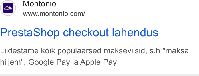 Montonio ad on Google Ads: Presta Shop checkout lahendus Liidestame koik populaarsed makseviisid, s.h "“maksa hiljem", Google Pay ja Apple Pay