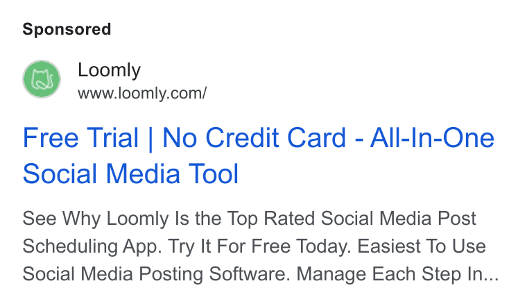 Loomly ad on Google Ads: Free Trial | No Credit Card - All-In-One Social Media Tool See Why Loonlly Is the Top Rated Social Media Post Scheduling App. Try It For Free Today. Easiest To Use Social Media Posting Software. Manage Each Step In...