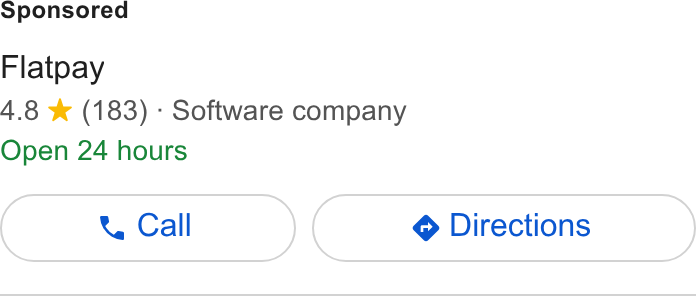 Flatpay ad on Google Ads: Flatpay 4.8 ¥& (183) - Software company Open 24 hours