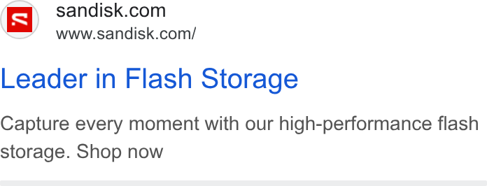 SanDisk ad on Google Ads: “S— Wwww.sandisk.com/ Leader in Flash Storage Capture every moment with our high-performance flash storage. Shop now