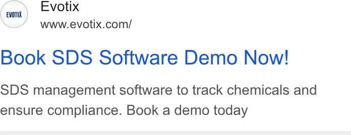 Evotix ad on Google Ads: Book SDS Software Demo Now! SDS management software to track chemicals and ensure compliance. Book a demo today