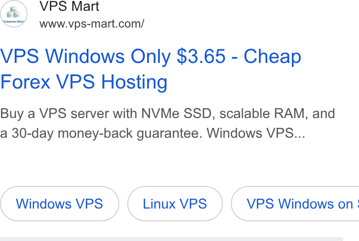 Database Mart ad on Google Ads: VPS Windows Only $3.65 - Cheap Forex VPS Hosting Buy a VPS server with NVMe SSD, scalable RAM, and a 30-day money-back guarantee. Windows VPS... Windows VPS Linux VPS }( VPS Windows on.