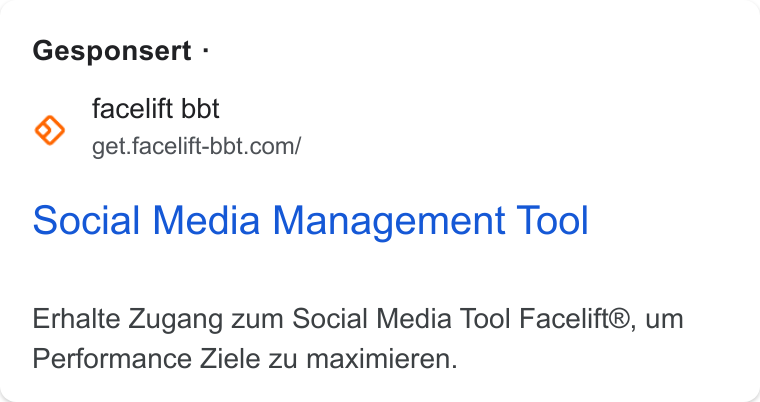 Facelift ad on Google Ads: Gesponsert - social Media Management Tool Erhalte Zugang zum Social Media Tool Facelift®, um Performance Ziele zu maximieren.