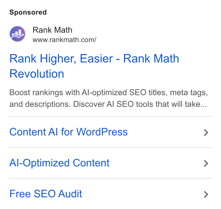 Rank Math ad on Google Ads: Rank Higher, Easier - Rank Math Revolution Boost rankings with Al-optimized SEO titles, meta tags, and descriptions. Discover Al SEO tools that will take... Content Al for Word Press > Al-Optimized Content > Free SEO Audit >