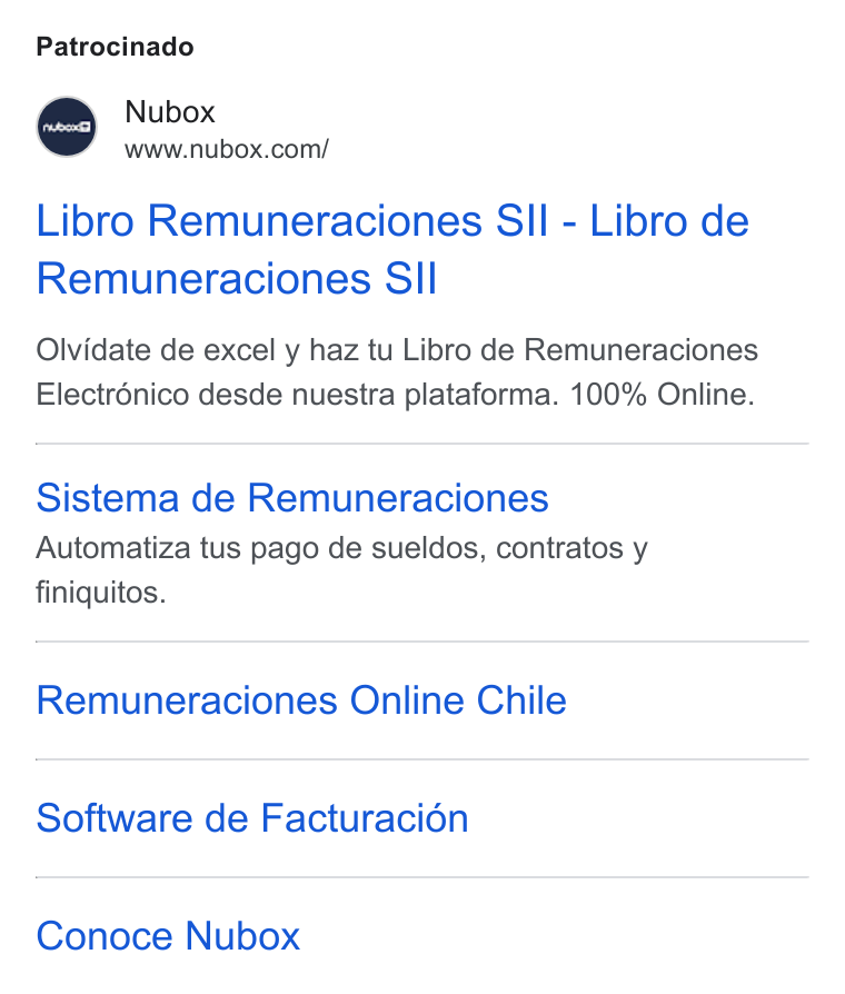 Nubox ad on Google Ads: Patrocinado Libro Remuneraciones SII - Libro de Remuneraciones Sll Olvidate de excel y haz tu Libro de Remuneraciones Electrénico desde nuestra plataforma. 100% Online. Sistema de Remuneraciones Automatiza tus pago de sueldos, contratos y finiquitos. Remuneraciones Online Chile Software de Facturacién Conoce Nubox
