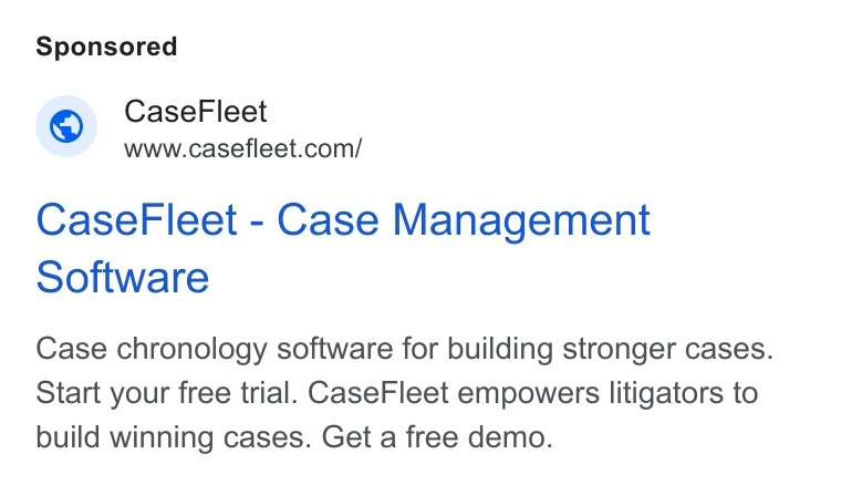 Casefleet ad on Google Ads: Case Fleet - Case Management Software Case chronology software for building stronger cases. Start your free trial. Case Fleet empowers litigators to build winning cases. Get a free demo.