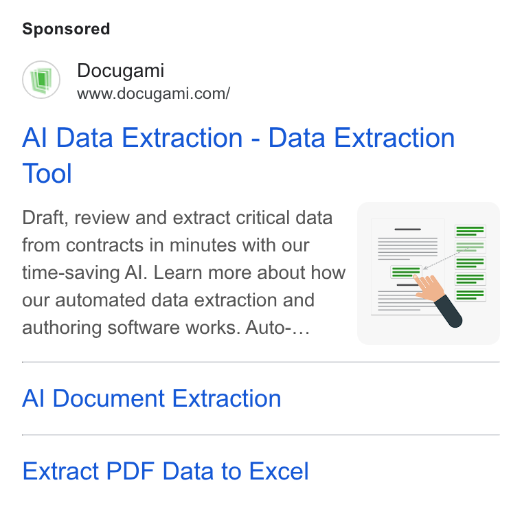 Docugami ad on Google Ads: Al Data Extraction - Data Extraction Tool Draft, review and extract critical data from contracts in minutes with our time-saving Al. Learn more about how our automated data extraction and authoring software works. Auto-... Al Document Extraction Extract PDF Data to Excel