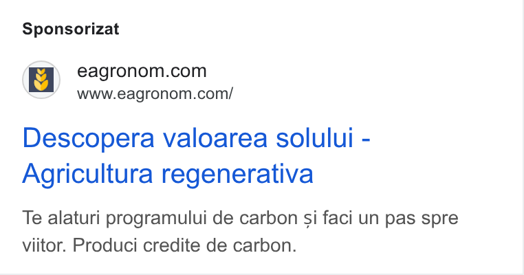 eAgronom ad on Google Ads: www.eagronom.com/ Descopera valoarea solului - Agricultura regenerativa Te alaturi programului de carbon si faci un pas spre viitor. Produci credite de carbon.