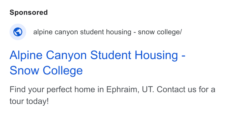 Hemlane ad on Google Ads: ® alpine canyon student housing - snow college/ Alpine Canyon Student Housing - snow College Find your perfect home in Ephraim, UT. Contact us for a tour today!