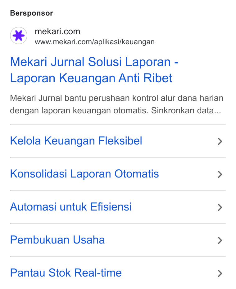 Mekari ad on Google Ads: www.mekari.com/aplikasi/keuangan Mekari Jurnal Solusi Laporan - Laporan Keuangan Anti Ribet Mekari Jurnal bantu perushaan kontrol alur dana harian dengan laporan keuangan otomatis. Sinkronkan data... Kelola Keuangan Fleksibel > Konsolidasi Laporan Otomatis > Automasi untuk Efisiensi > Pembukuan Usaha > Pantau Stok Real-time >