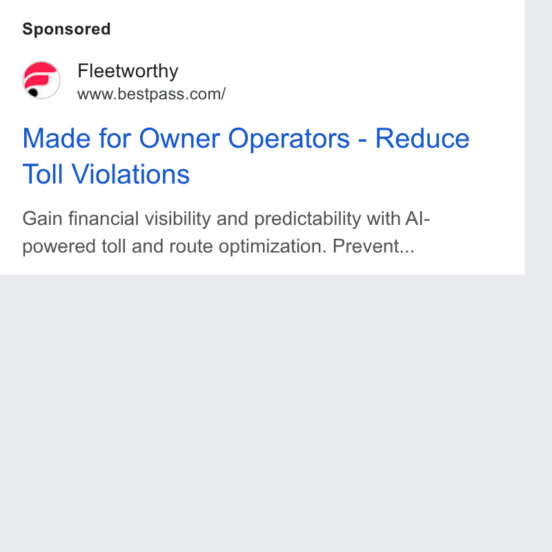 Bestpass ad on Google Ads: Made for Owner Operators - Reduce Toll Violations Gain financial visibility and predictability with Al- powered toll and route optimization. Prevent...
