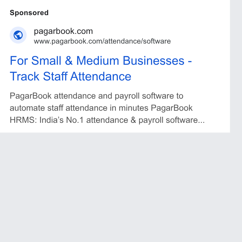 PagarBook ad on Google Ads: www.pagarbook.com/attendance/software For Small & Medium Businesses - Track Staff Attendance Pagar Book attendance and payroll software to automate staff attendance in minutes Pagar Book HRMS: India’s No.1 attendance & payroll software...