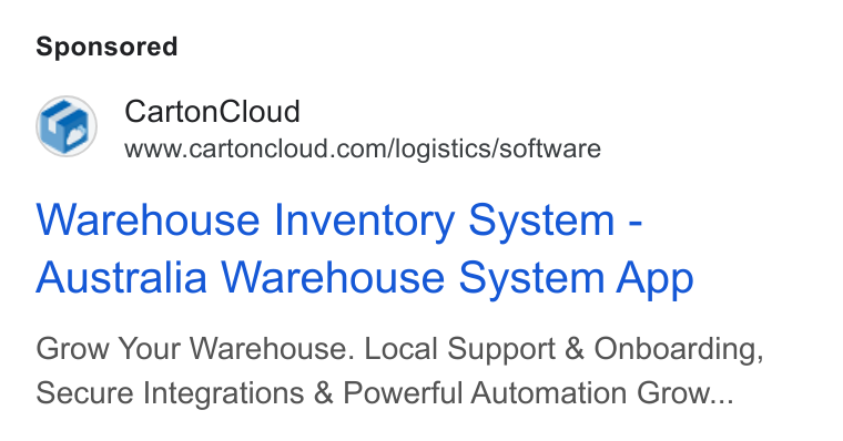 CartonCloud ad on Google Ads: Warehouse Inventory System - Australia Warehouse System App Grow Your Warehouse. Local Support & Onboarding, Secure Integrations & Powerful Automation Grow...